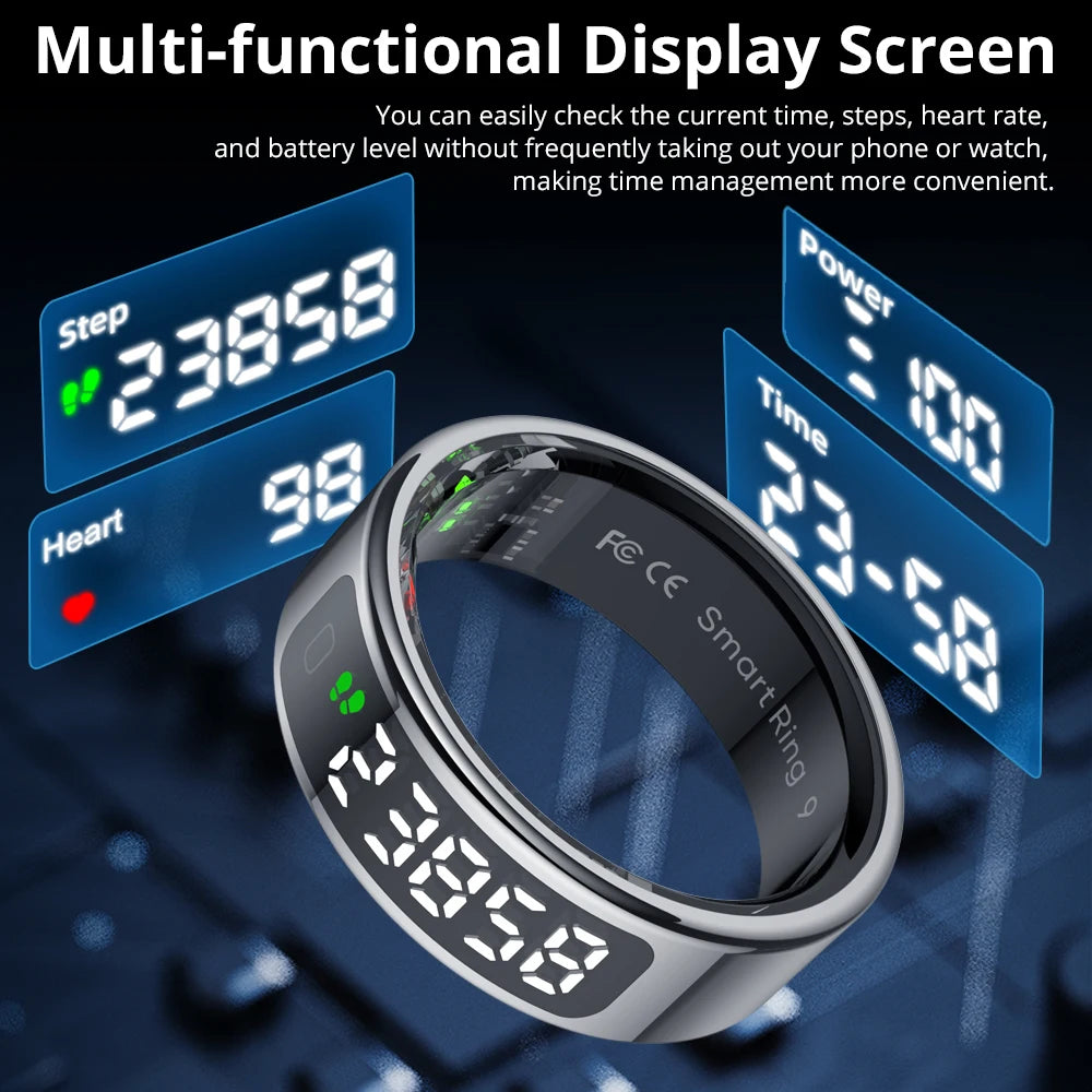 Oxigen Lux™ R12 – Smart Ring with Screen & Wireless Charging Dock