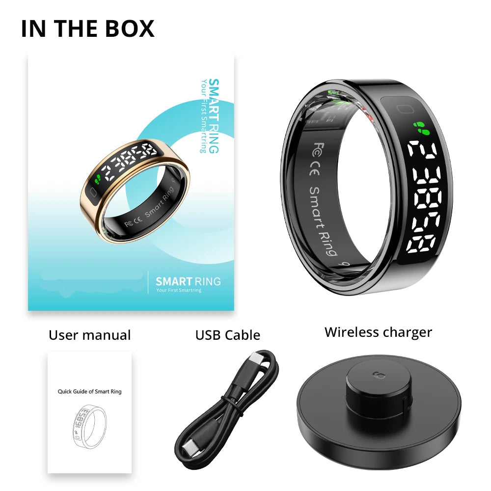 Oxigen Lux™ R12 – Smart Ring with Screen & Wireless Charging Dock