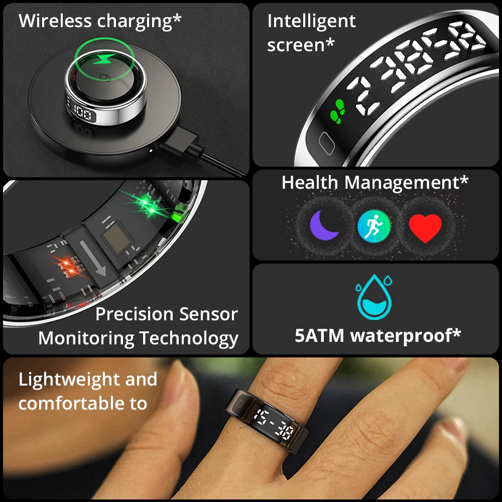 Oxigen Lux™ R12 – Smart Ring with Screen & Wireless Charging Dock