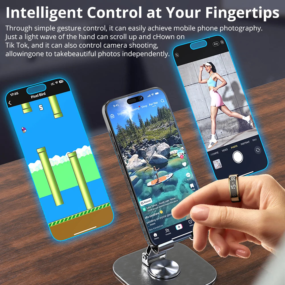 Oxigen Lux™ R12 – Smart Ring with Screen & Wireless Charging Dock