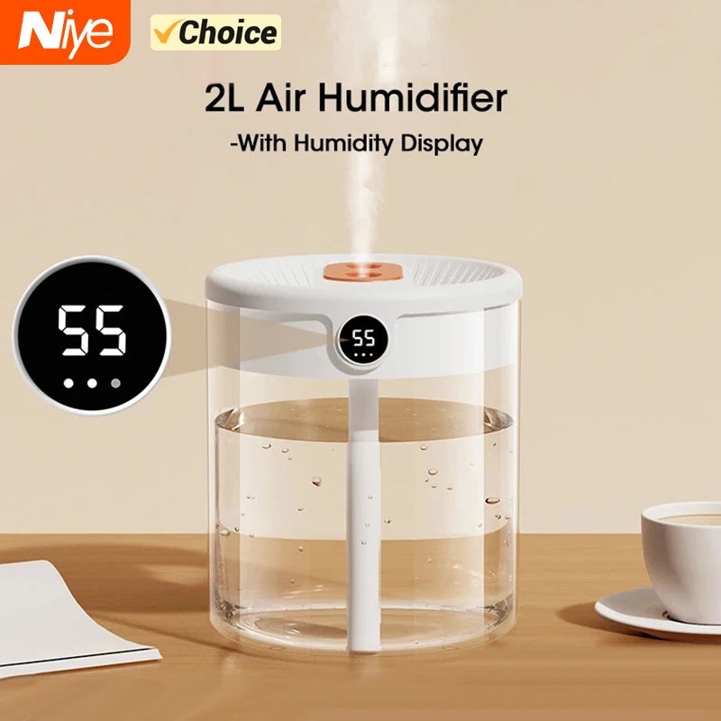 Oxigen Lux™ Niye 2L Double Nozzle Humidifier: Large capacity air humidifier with LCD humidity display, perfect for bedroom use. Functions as an aroma essential oil diffuser, providing a refreshing atmosphere