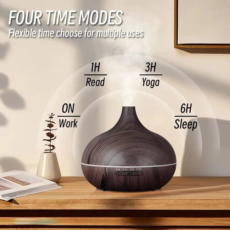 Oxigen Lux™ Essential Oil Diffuser: 500ml ultrasonic humidifier with wood grain design, remote control, and 7-color LED lights, perfect for home or bedroom.