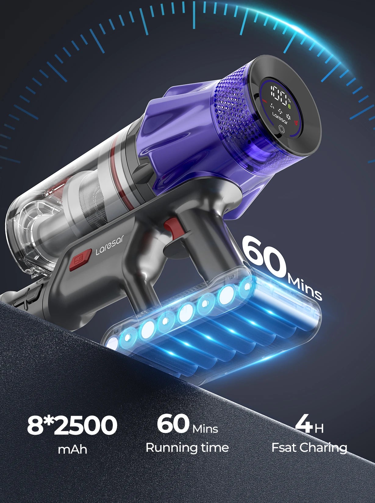 Oxigen Lux™ V7 Cordless Vacuum Cleaner: 500W, 50KPA suction, handheld, smart design, removable battery, and dust cup.