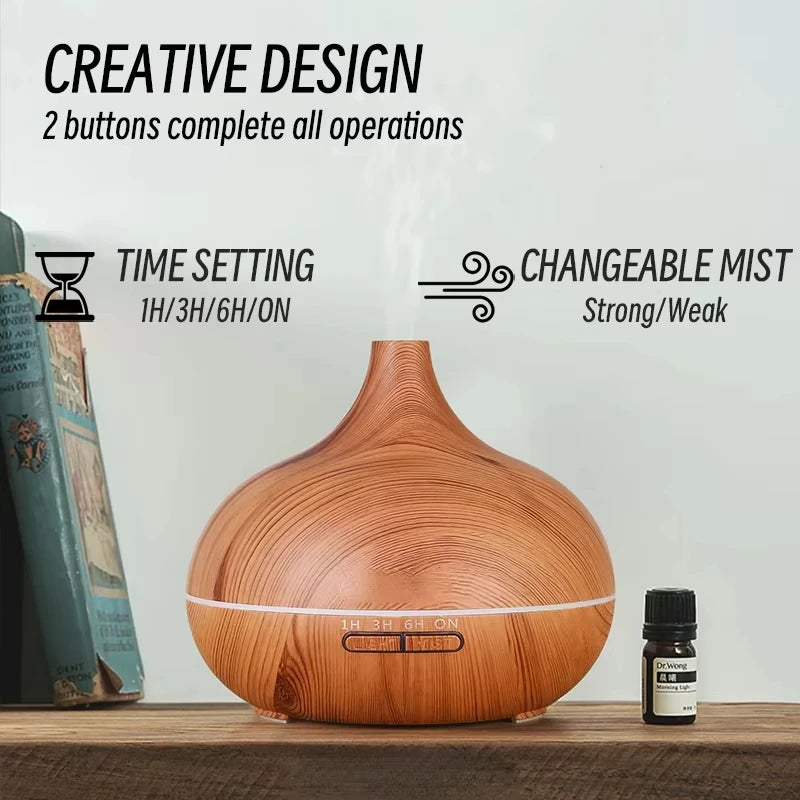 Oxigen Lux™ Essential Oil Diffuser: 500ml ultrasonic humidifier with wood grain design, remote control, and 7-color LED lights, perfect for home or bedroom.