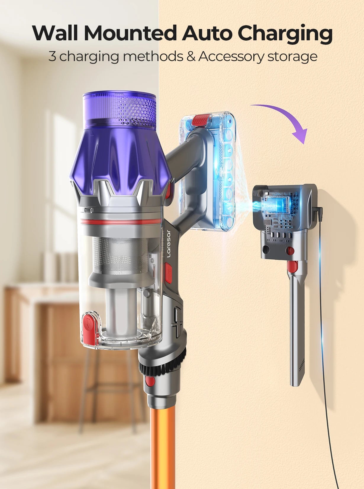 Oxigen Lux™ V7 Cordless Vacuum Cleaner: 500W, 50KPA suction, handheld, smart design, removable battery, and dust cup.