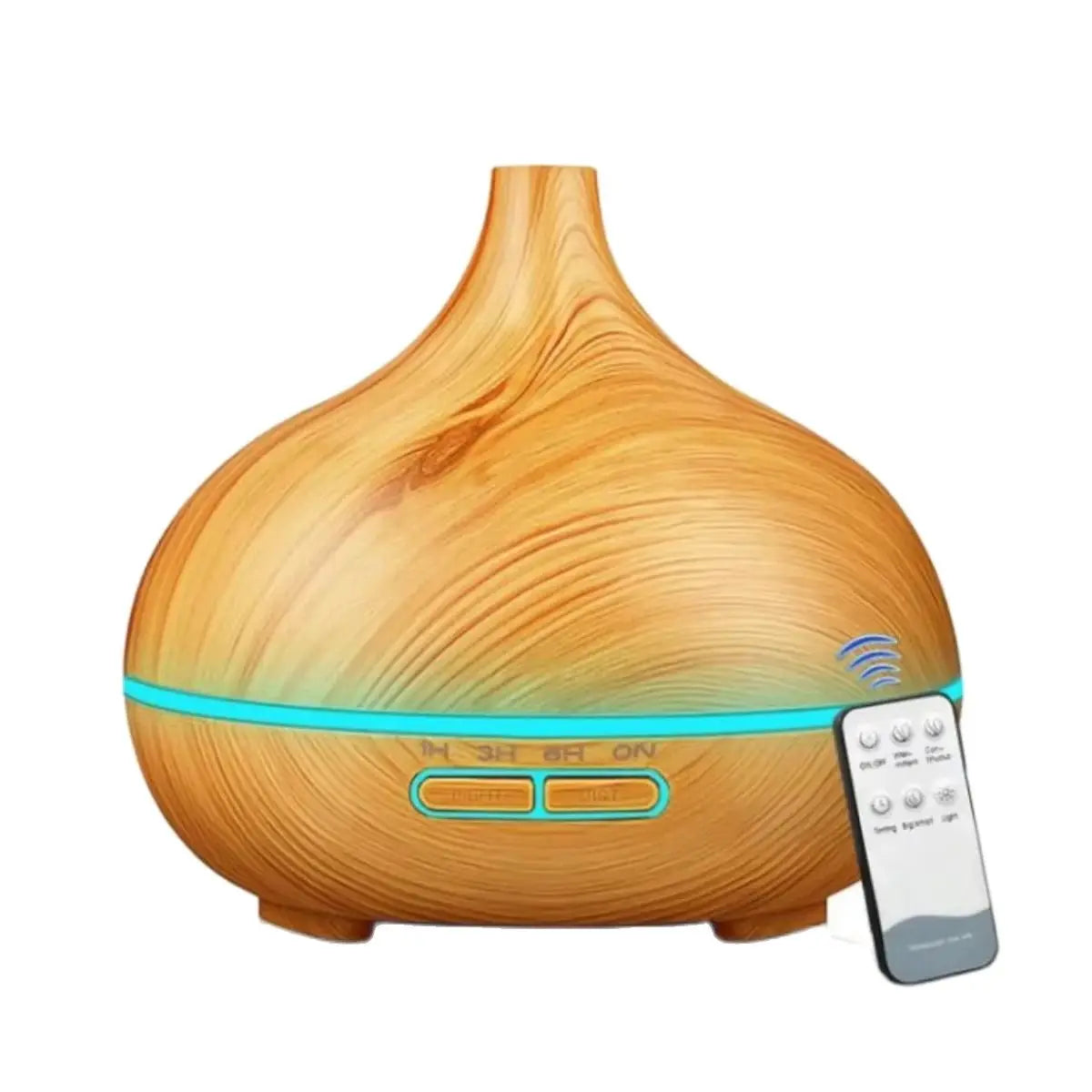 Oxigen Lux™ Essential Oil Diffuser: 500ml ultrasonic humidifier with wood grain design, remote control, and 7-color LED lights, perfect for home or bedroom.