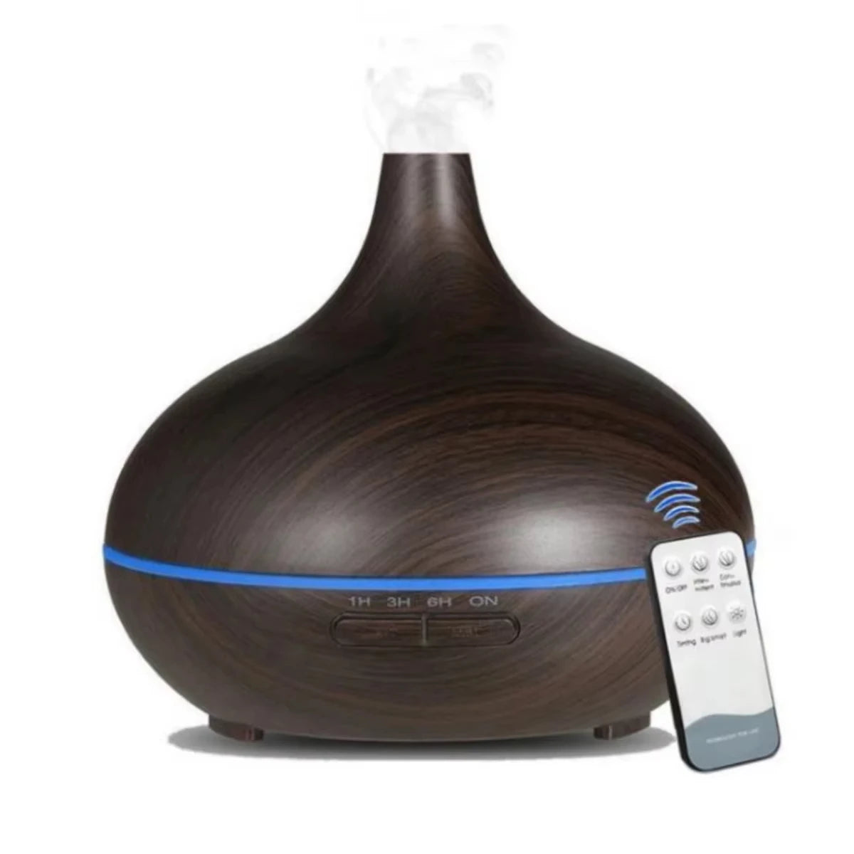 Oxigen Lux™ Essential Oil Diffuser: 500ml ultrasonic humidifier with wood grain design, remote control, and 7-color LED lights, perfect for home or bedroom.