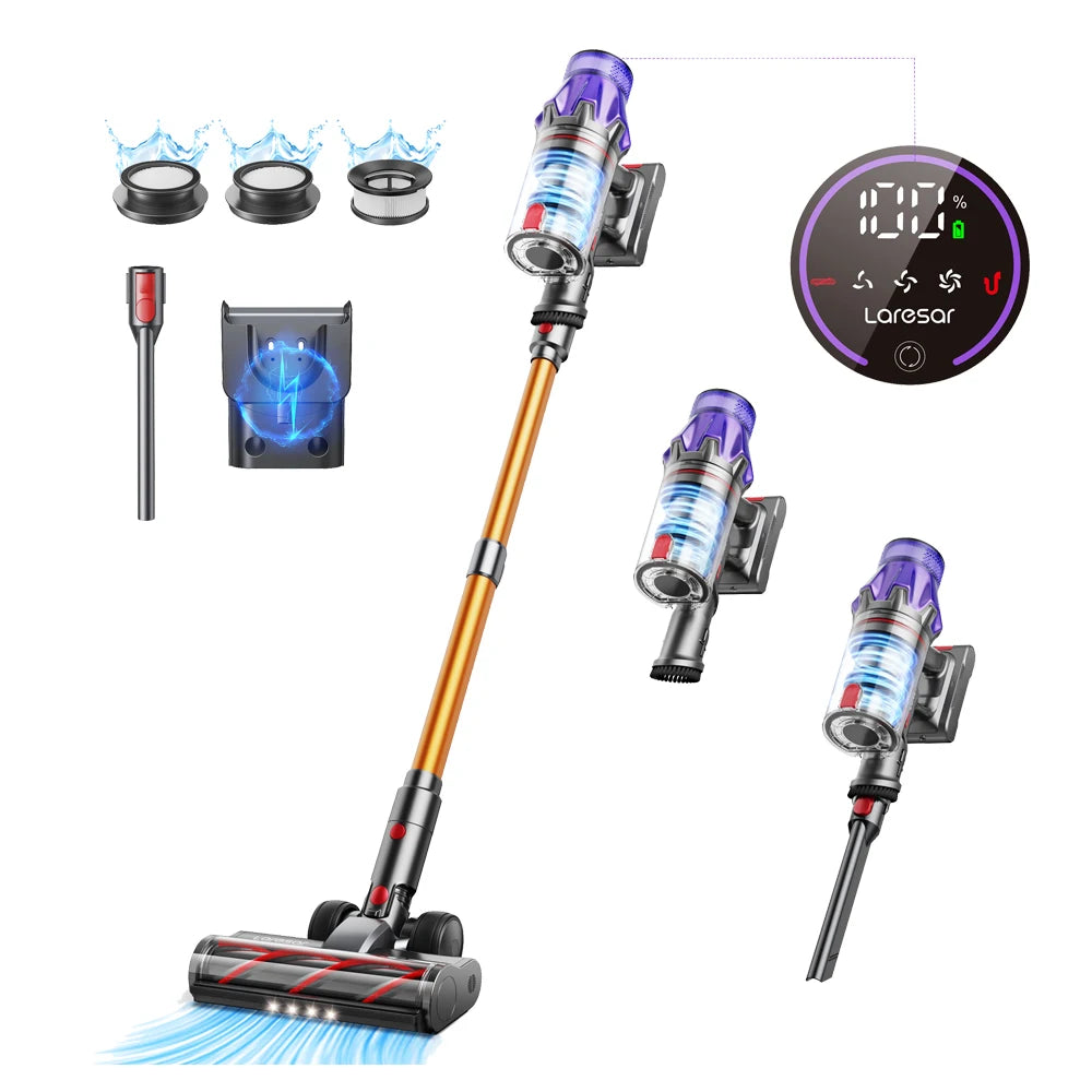 Oxigen Lux™ V7 Cordless Vacuum Cleaner: 500W, 50KPA suction, handheld, smart design, removable battery, and dust cup.